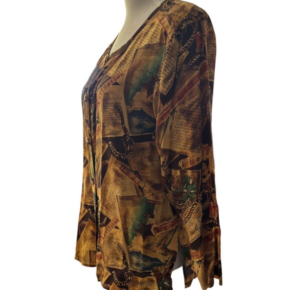 Auqust Silk Petites Vintage Navigation theme Long Sleeve Button-up Blouse Sz PS - Picture 4 of 13